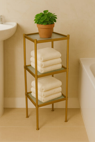 3-Tier Gold Metal Shelf with Frosted Glass Shelves
