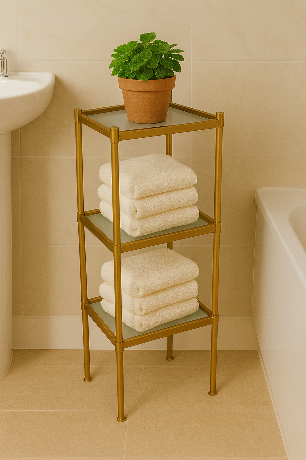 3-Tier Gold Metal Shelf with Frosted Glass Shelves