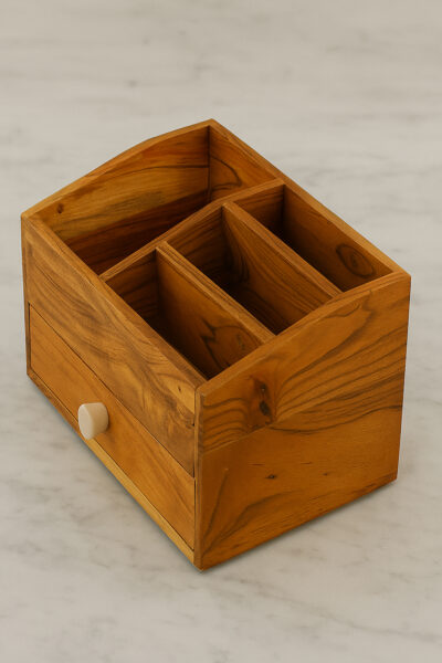 Bathroom Countertop Amenity Organizer with Drawer in Acacia Wood