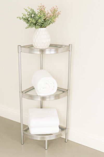 Metal with Clear Glass Satin Finish Corner Free Standing 3-Tier Shelf