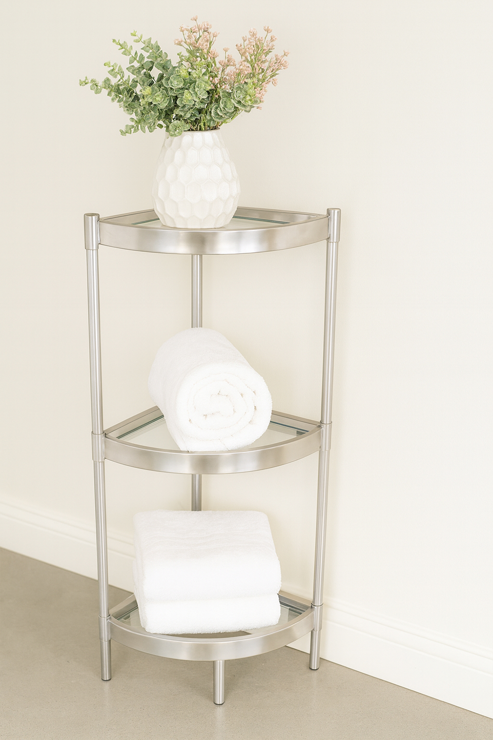Metal with Clear Glass Satin Finish Corner Free Standing 3-Tier Shelf