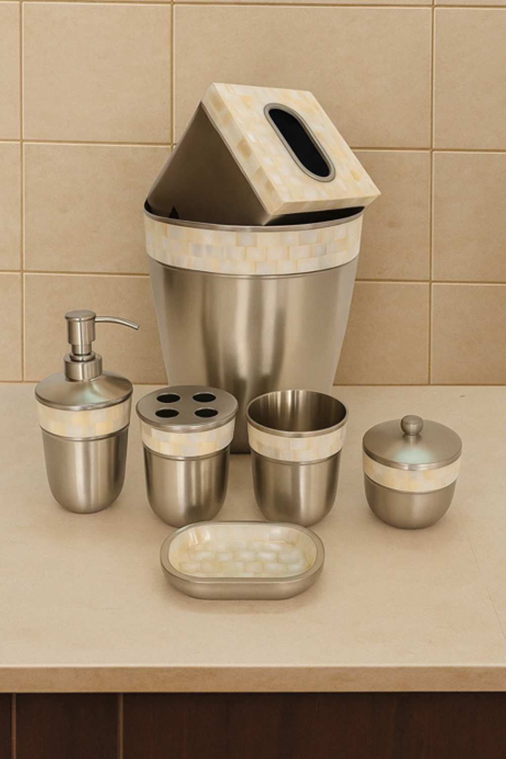 Matte Finish Metal Bathroom Accessories Set with Mother of Pearl Inlay