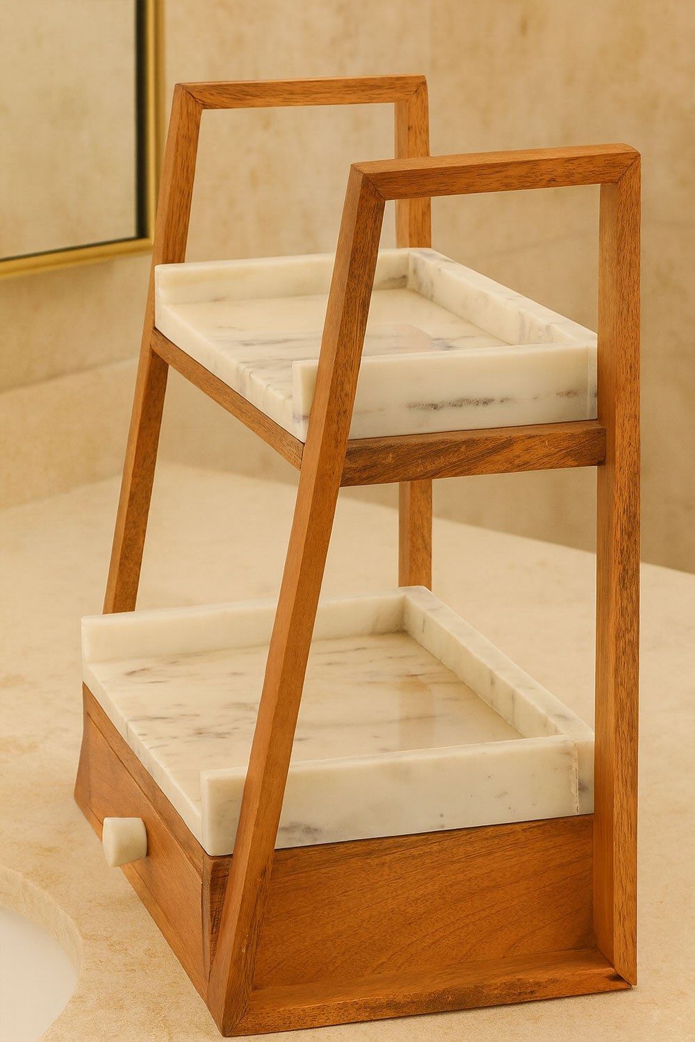 Bathroom Countertop Amenity Organizer with Drawer in Acacia Wood and White Marble
