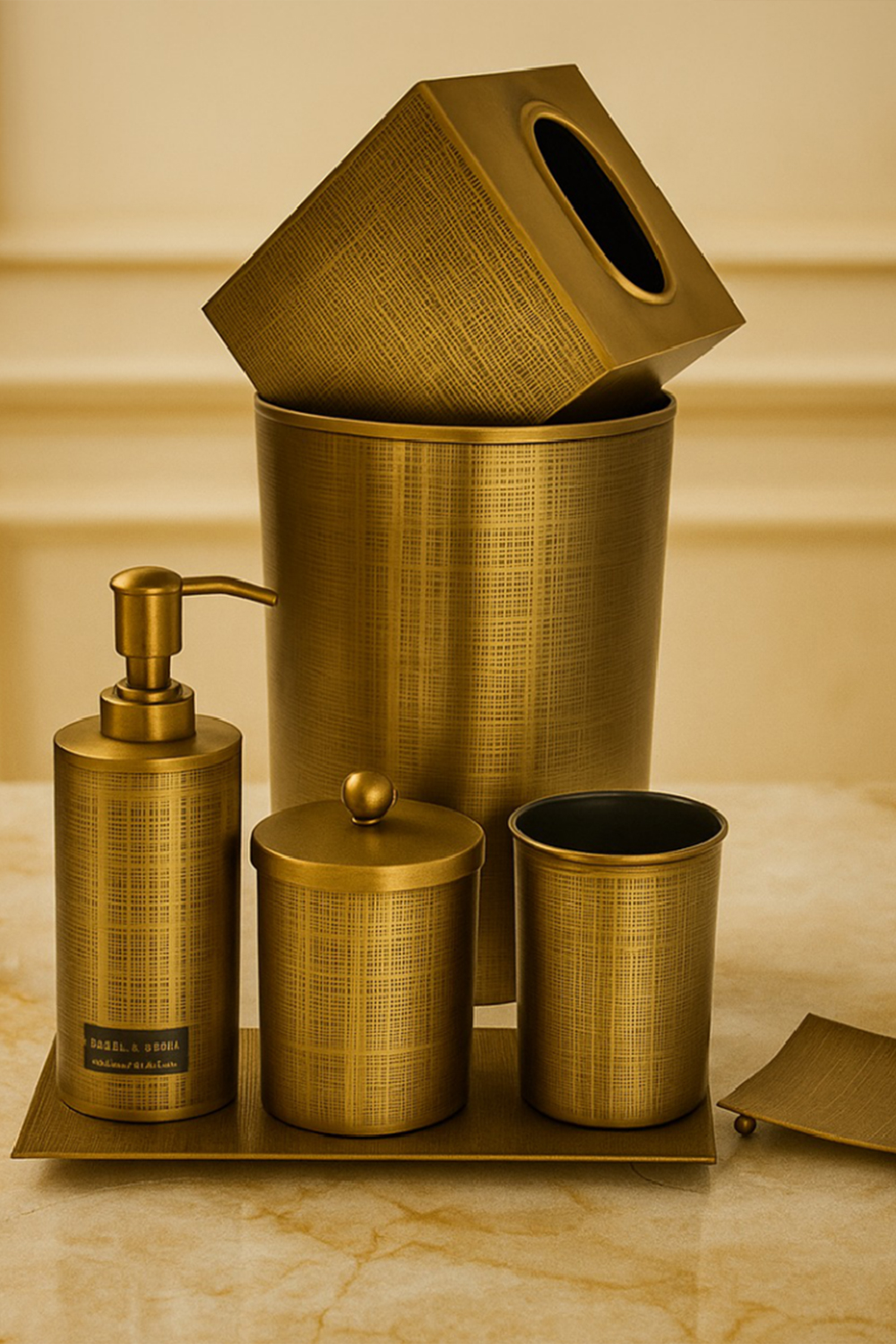 Etched Antique Brass Metal Bathroom Accessories Set