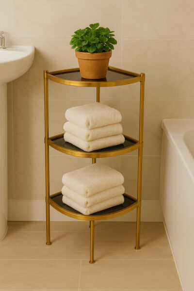 3-Tier Gold Metal Corner Shelf with Black Glass Shelves