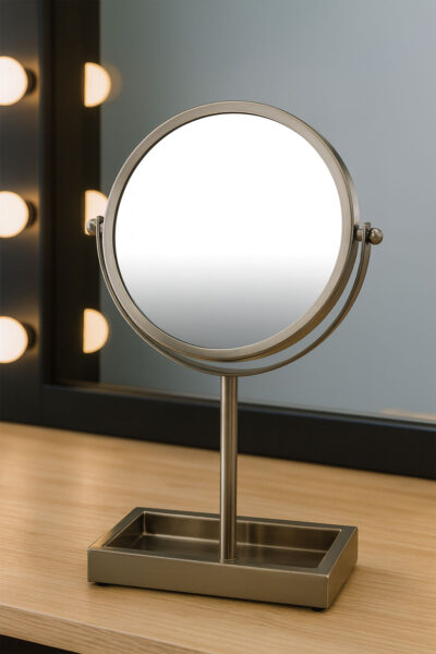 Desktop Makeup Mirror with Tray in Metal