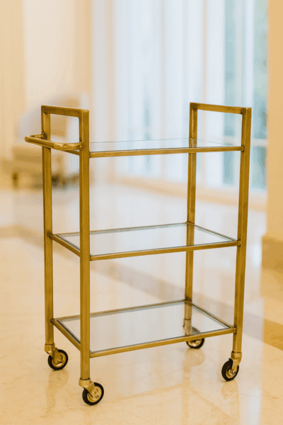 Three-tier metal and glass serving