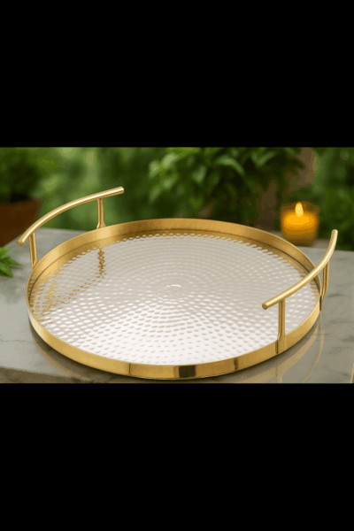 Export Quality Stainless Steel Round Serving Tray With Champagne Gold & Hammered Shiny Finish, Size(14L*14W*2.7H)