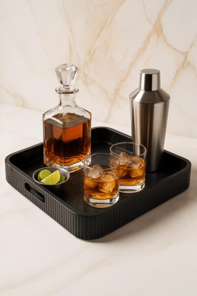 Luxury Black Bar Tray with Decanter & Cocktail Set | Home Bar Décor