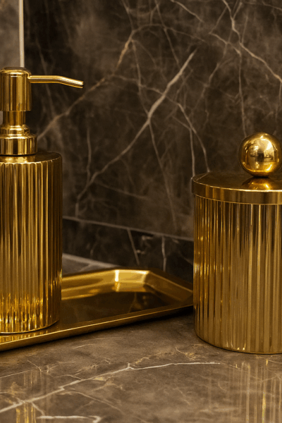 Vertical Ribbed Bath Set Soap Dispenser | Cotton Jar | Canister Set | Color- Gold Finish