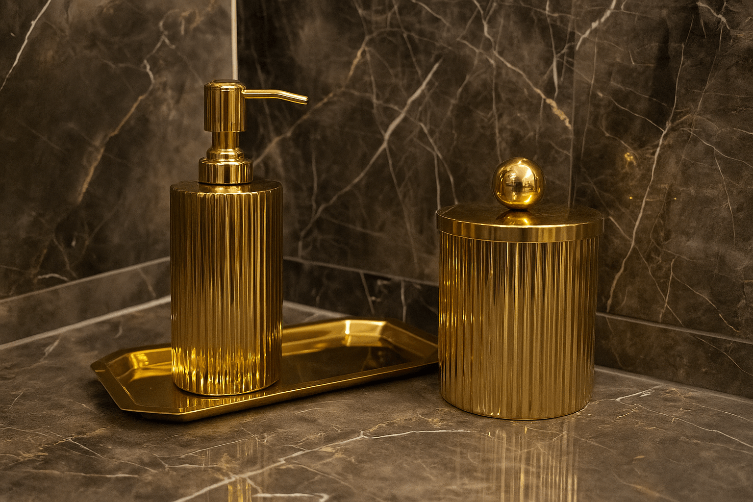 Vertical Ribbed Bath Set Soap Dispenser | Cotton Jar | Canister Set | Color- Gold Finish
