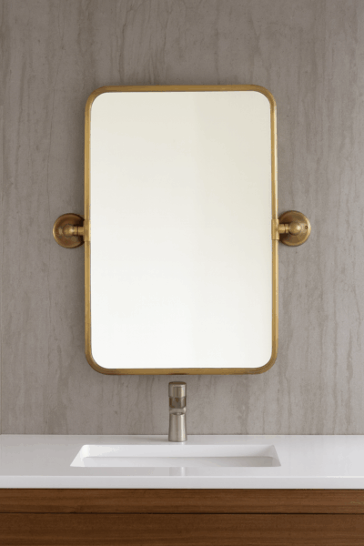 “Modern Brass Frame Wall Mirror – Bathroom Vanity Design”