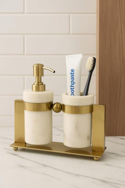 Marble Bathroom Accessory Set with Metal Stand – Soap Dispenser & Tumbler Size - (9 x 3 x 9) Inch
