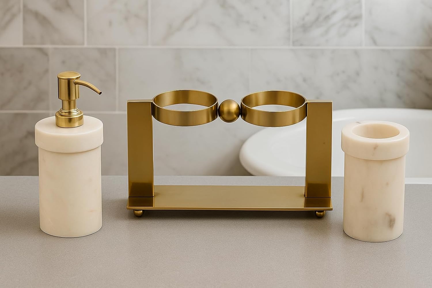 Marble Bathroom Accessory Set with Metal Stand – Soap Dispenser & Tumbler Size - (9 x 3 x 9) Inch - Image 2