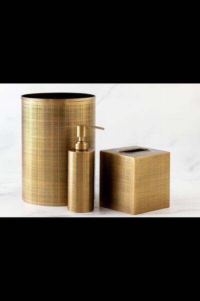Brushed Gold Crosshatch Bathroom Accessory Set – Waste Bin, Soap Dispenser & Tissue Box Cover