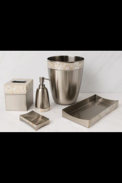 “Luxury Brushed Nickel Bathroom Accessory Set with Mother-of-Pearl Inlay – Waste Bin, Soap Dispenser, Tissue Box Cover, Vanity Tray & Soap Dish”
